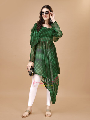 PMD Fashion Women Geometric Print, Leheriya, Printed High Low Kurta(Dark Green, White)