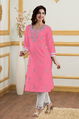 vikshi Women Embroidered Straight Kurta(Pink)