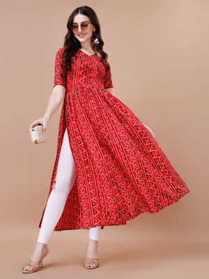 Glomee Women Bandhani Flared Kurta(Red, White)