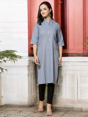 Texpa Fashion Women Striped Straight Kurta(Grey)