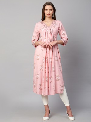 RATAN Women Floral Print A-line Kurta(Pink)