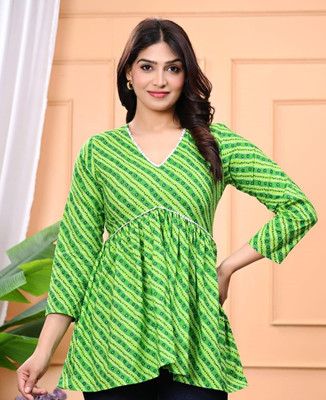 RootedRang Women Printed A-line Kurta(Green)