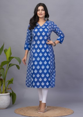 Assamica Women Printed Straight Kurta(Blue)