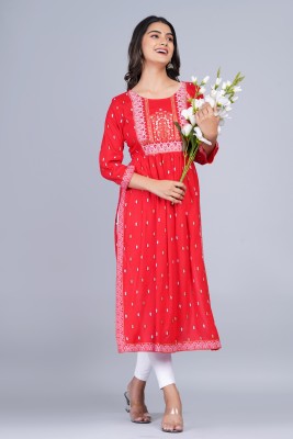 NEW STYLISH Women Printed, Embroidered Ethnic Dress Kurta(Red, White, Gold)