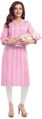 Mom&bae Women Printed, Striped Straight Kurta(Pink)