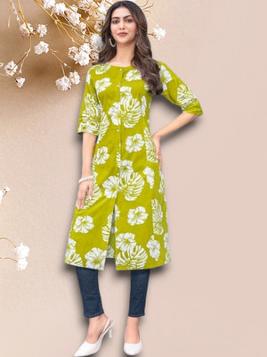 ABHI FAB Women Printed Straight Kurta(Green)