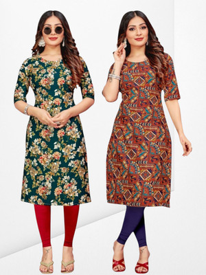 HouseOfCommon Women Printed Straight Kurta(Green, Brown)