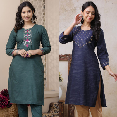 AuzaSho Collection Women Embroidered, Solid Straight Kurta(Multicolor)