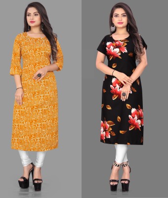 Hiral Creation Women Printed Straight Kurta(Black, Yellow)