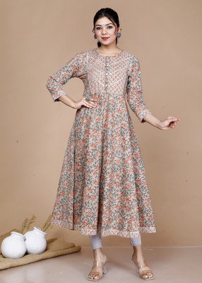 MIRAVAN Women Floral Print Anarkali Kurta(Brown)