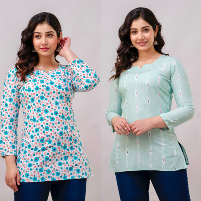VROEGER Women Printed Straight Kurta(Light Green)