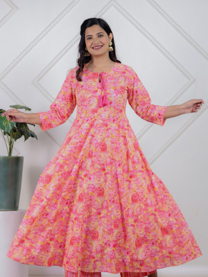 Aramya Women Floral Print Flared Kurta(Pink)