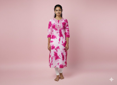 KAKKA JI COLLECTIONS Women Dyed/Ombre, Embroidered, Printed Straight Kurta(Pink)