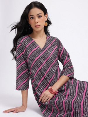 Anouk Rustic Women Striped Straight Kurta(Grey)