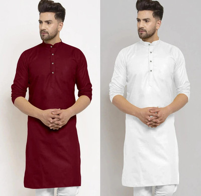 JENJEE FASHION Men Solid Straight Kurta(White, Maroon)