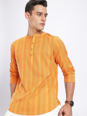 Anouk Rustic Men Striped Straight Kurta(Orange)