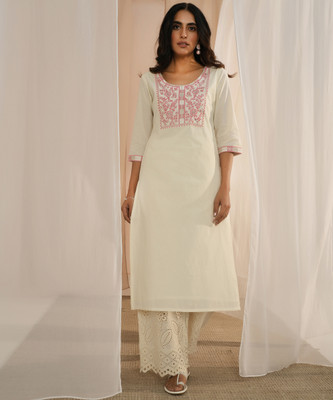 LIBAS Women Embroidered Straight Kurta(Beige, Pink)