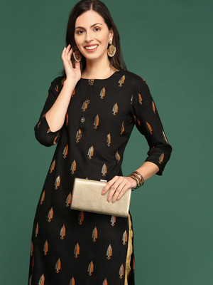 SHOWOFFFF Women Printed Straight Kurta(Black, Gold, Orange)