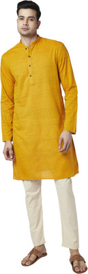 Indus Route by Pantaloons Men Solid Straight Kurta(Yellow)