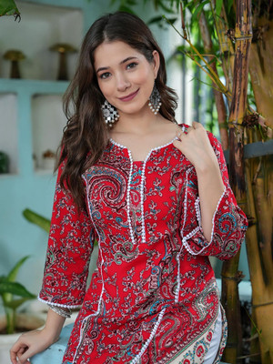 QUEENSFAB Women Printed Pakistani Kurta(Red)