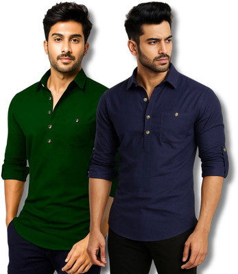 RAREMARK Men Solid Straight Kurta(Green, Dark Blue)