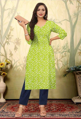 AURA CLOTHING Women Printed Straight Kurta(Green)