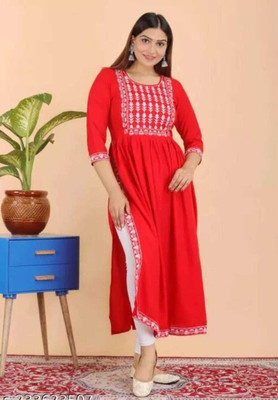 Shri Shayam Creation Women Embroidered A-line Kurta(Red, White)