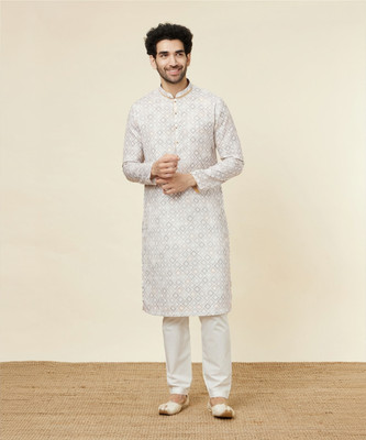 MANYAVAR Men Printed Straight Kurta(White)