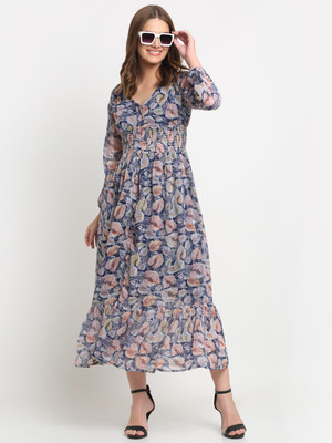 HouseOfCommon Women Floral Print Ethnic Dress Kurta(Light Blue)