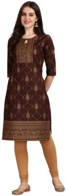 Mainly Women Printed A-line Kurta(Brown, Gold)