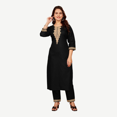 RISHABH FASHION Women Printed Flared Kurta(Black)