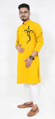 Rainbow Cloths Men Printed Straight Kurta(Yellow)