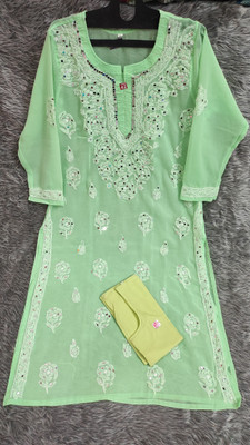 Neelam Chikan Women Embroidered Straight Kurta(Light Green)