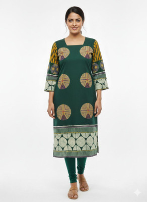 CRAFTIQUE Women Geometric Print, Printed, Embellished, Embroidered Straight Kurta(Dark Green)