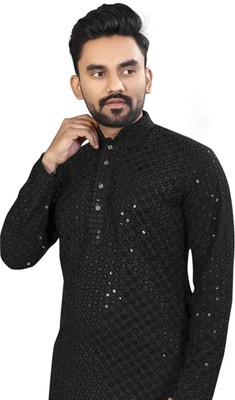 CRYSTALSTYLE Men Embroidered, Embellished Straight Kurta(Black)