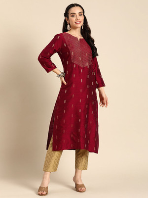 ANOUK Women Printed Straight Kurta(Maroon)