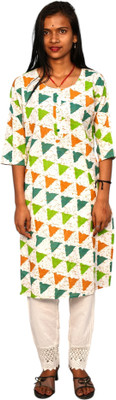 aaapremises Women Block Print A-line Kurta(White)