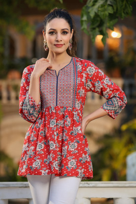 Rain & Rainbow Women Floral Print A-line Kurta(Red)