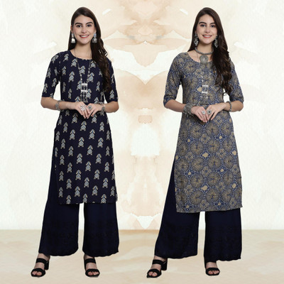 Moda Rapido Women Printed A-line Kurta(Blue, Grey)