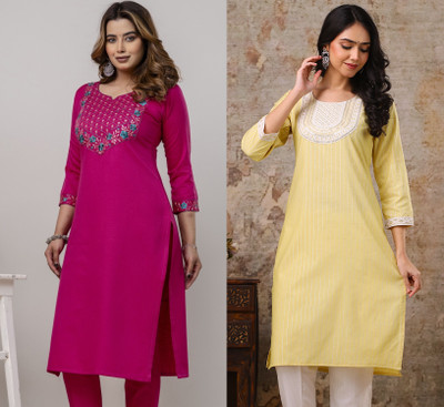 AuzaSho Collection Women Embroidered Straight Kurta(Maroon, Yellow)