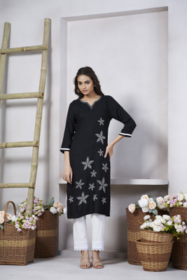 lunexa Women Printed A-line Kurta(Black)