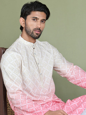 Jompers Men Printed Straight Kurta(Pink, White)
