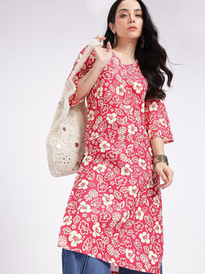 Anouk Rustic Women Floral Print Straight Kurta(Red, Beige)