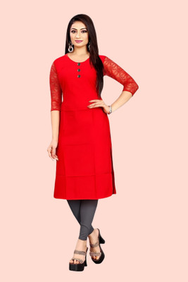 HouseOfCommon Women Solid Straight Kurta(Red)