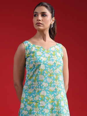 ANOUK Women Floral Print Straight Kurta(Blue)