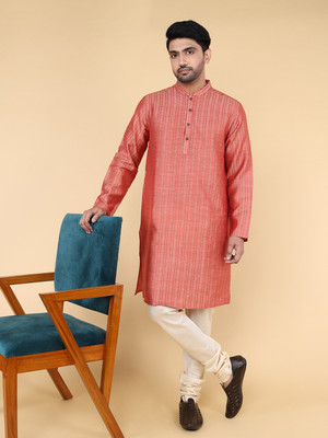 Zois Men Striped Straight Kurta(Red)