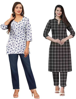 PRADHANJI COLLECTION Women Floral Print, Checkered Straight Kurta(Maroon, Black)