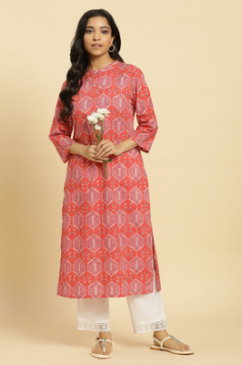W Women Geometric Print Straight Kurta(Red)