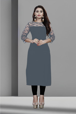 Maheshvi Women Solid Straight Kurta(Grey)