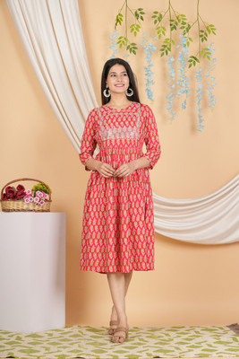 HouseOfCommon Women Floral Print A-line Kurta(Red)
